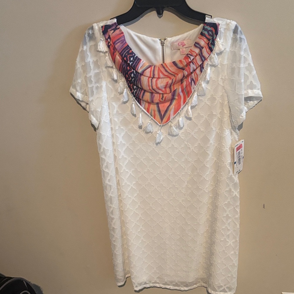GB girls White Dress with Pink and Purple Neck Scarf Detail